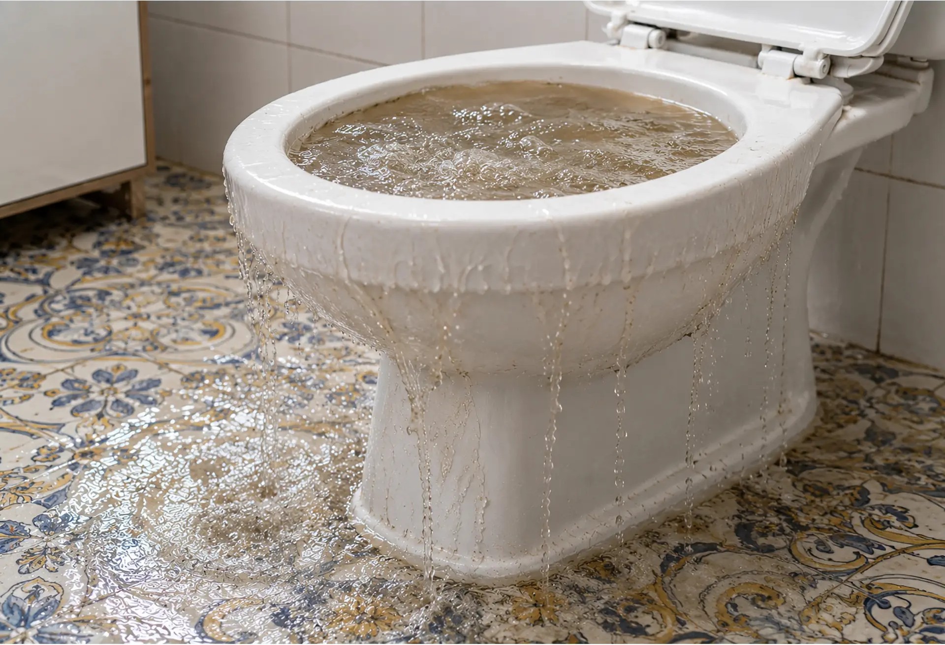 A white toilet overflowing with murky water past the rim, running down the porcelain and pooling on a patterned blue and yellow tile bathroom floor.