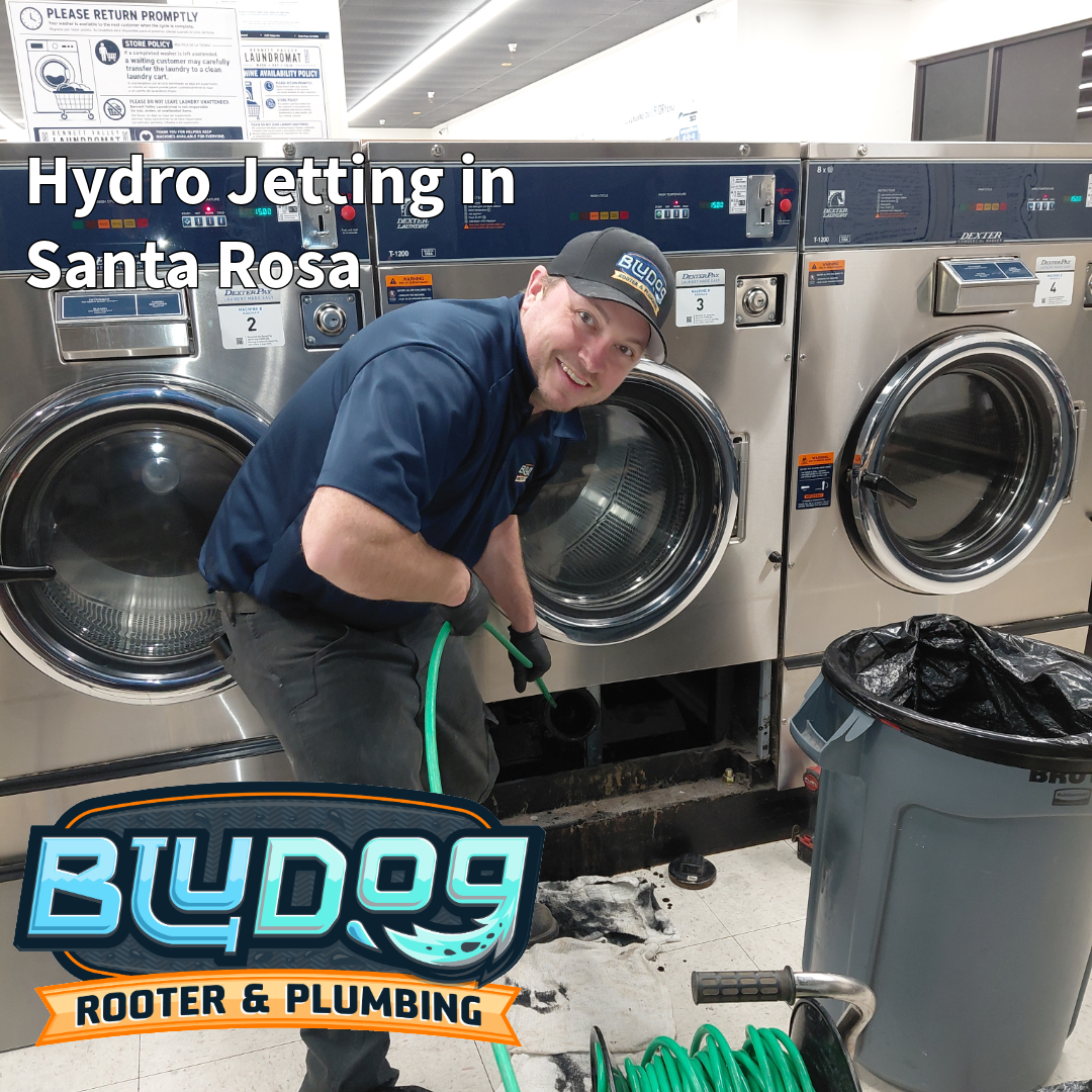 BluDog technician hydro jetting at a Santa Rosa laundromat